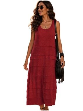 Nove Marzo Women Linen Sheath Dress Size 12 Rust Tiered‎ Ribbed Knit Sleeveless